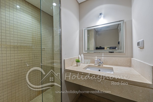  Bathroom with large shower, space around the sink and mirror