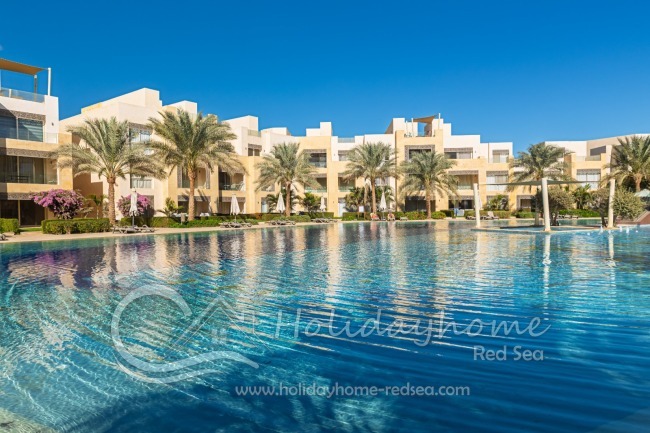 Pool area with sunbeds and umbrellas