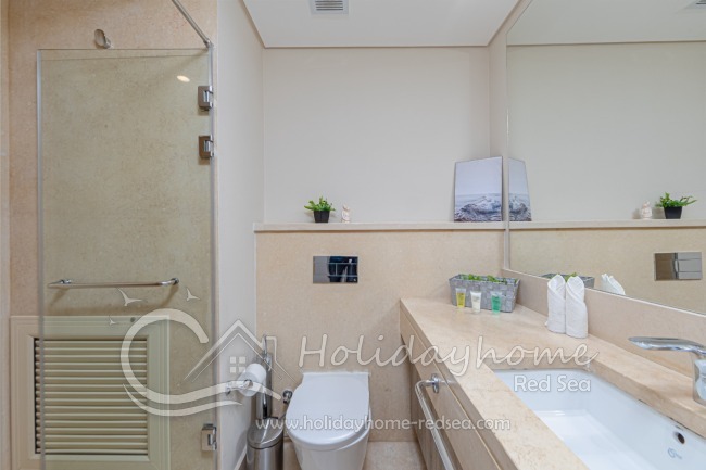 Bathroom 2 with large shelf space and shower