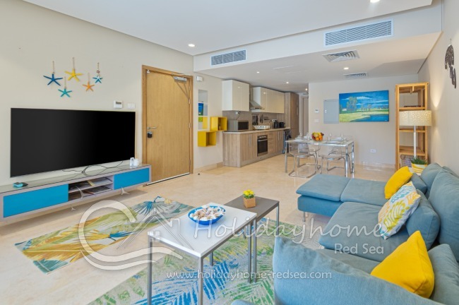 Big Smart TV, open living and dining area